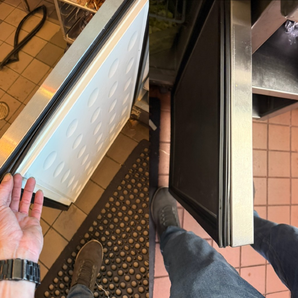 Commercial refrigeration door gasket being inspected